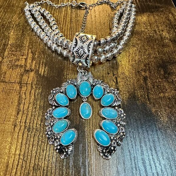 Large Squash Blossom Pendant Chunky Necklace and Earrings Set with Turquoise St - Picture 7 of 11